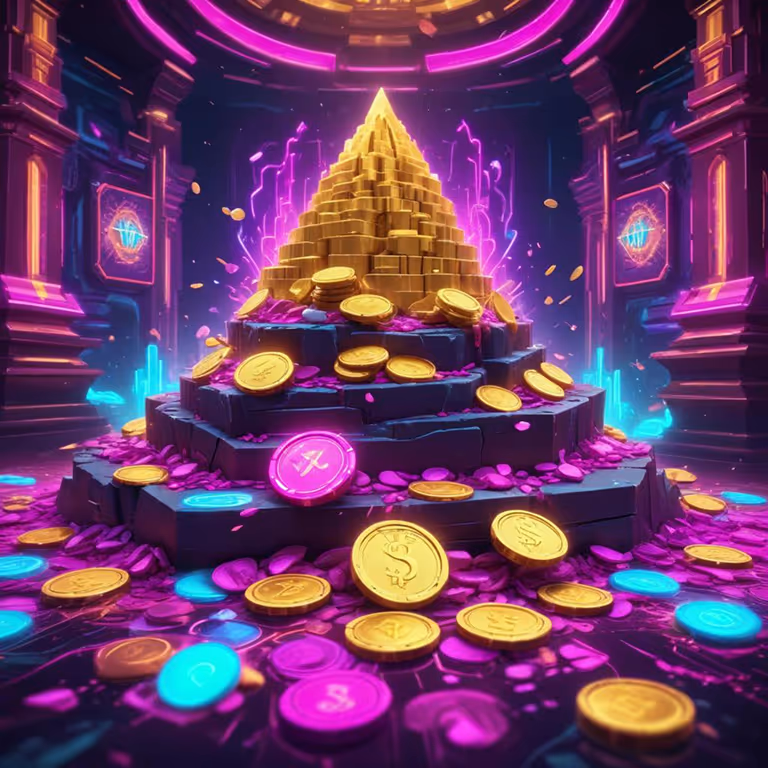 Golden coin pyramid surrounded by bright lights at Winairlines Casino.