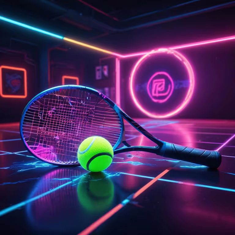 Tennis racket and ball on a neon-lit court at Winairlines Casino.